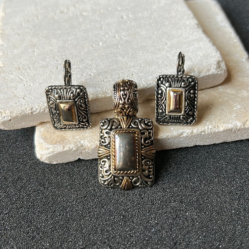 Silver and gold tone pendant and matching earrings SUPER FAST SHIPPING